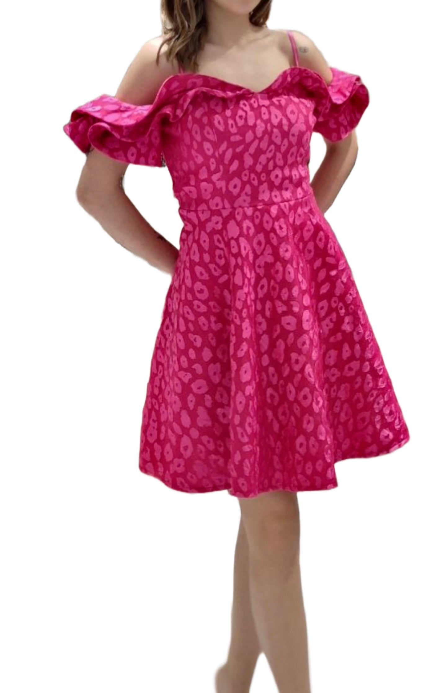 Fuchsia Off the Shoulder Leopard Print Ruffle Dress