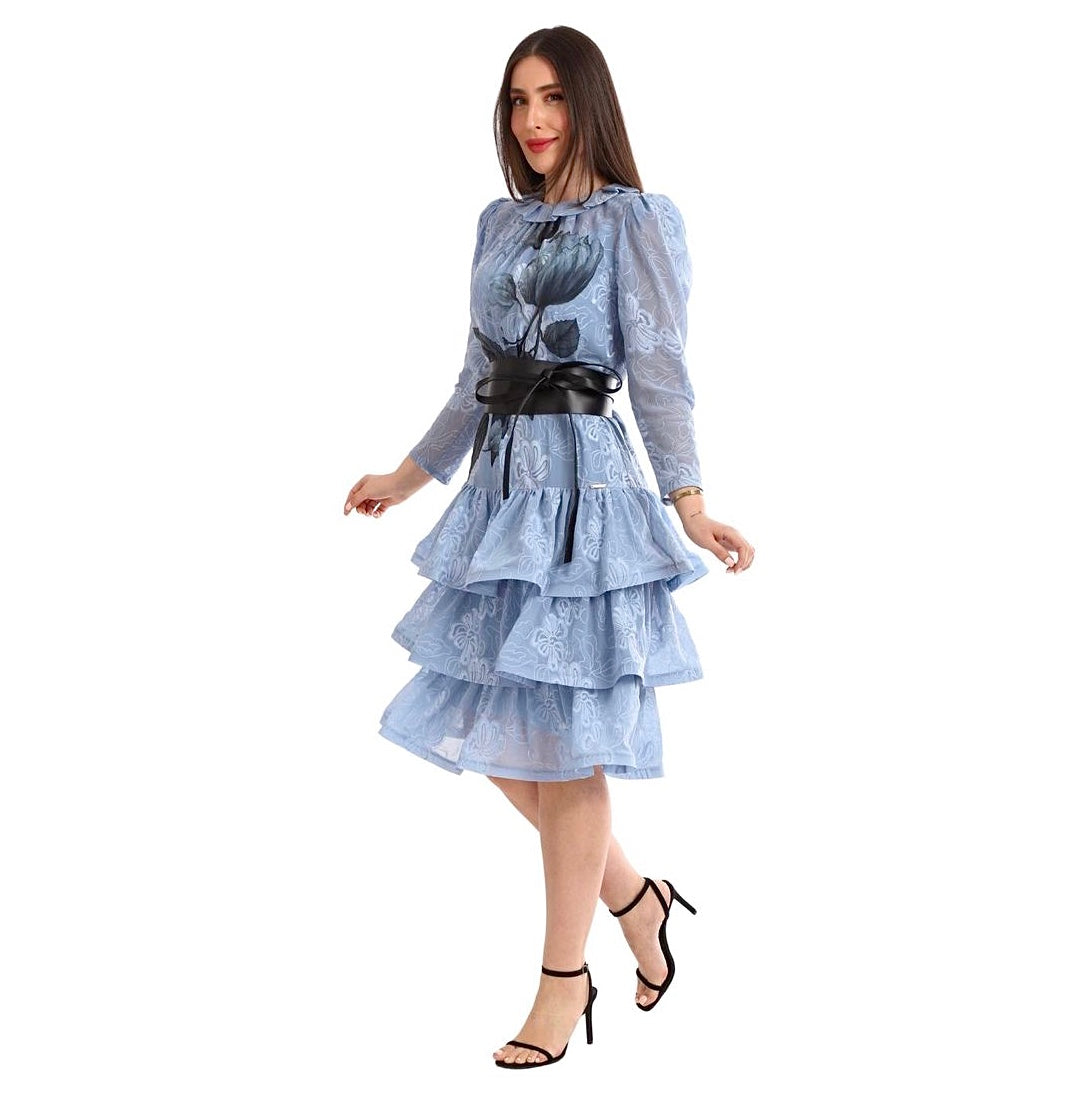 Blue Long Sleeve Ruffled Dress