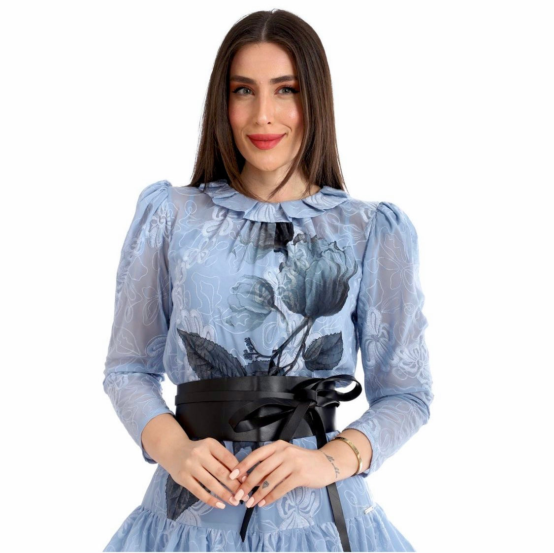 Blue Long Sleeve Ruffled Dress
