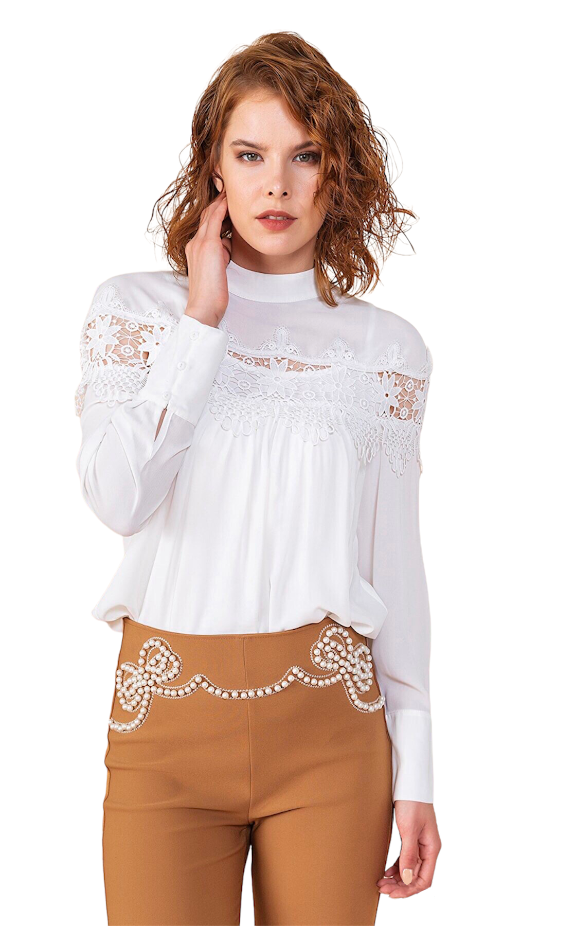 Brown Tapered Pearl Beaded Pants