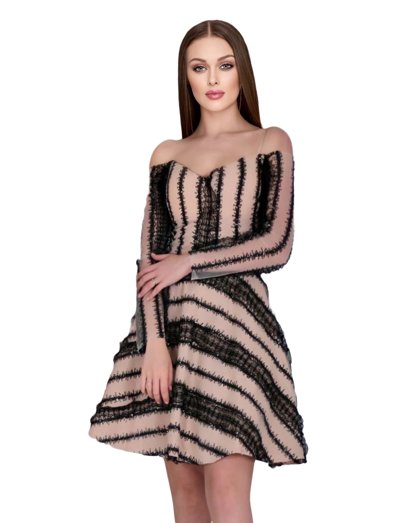 Black and Nude Off the Sleeve Chiffon Lace Dress