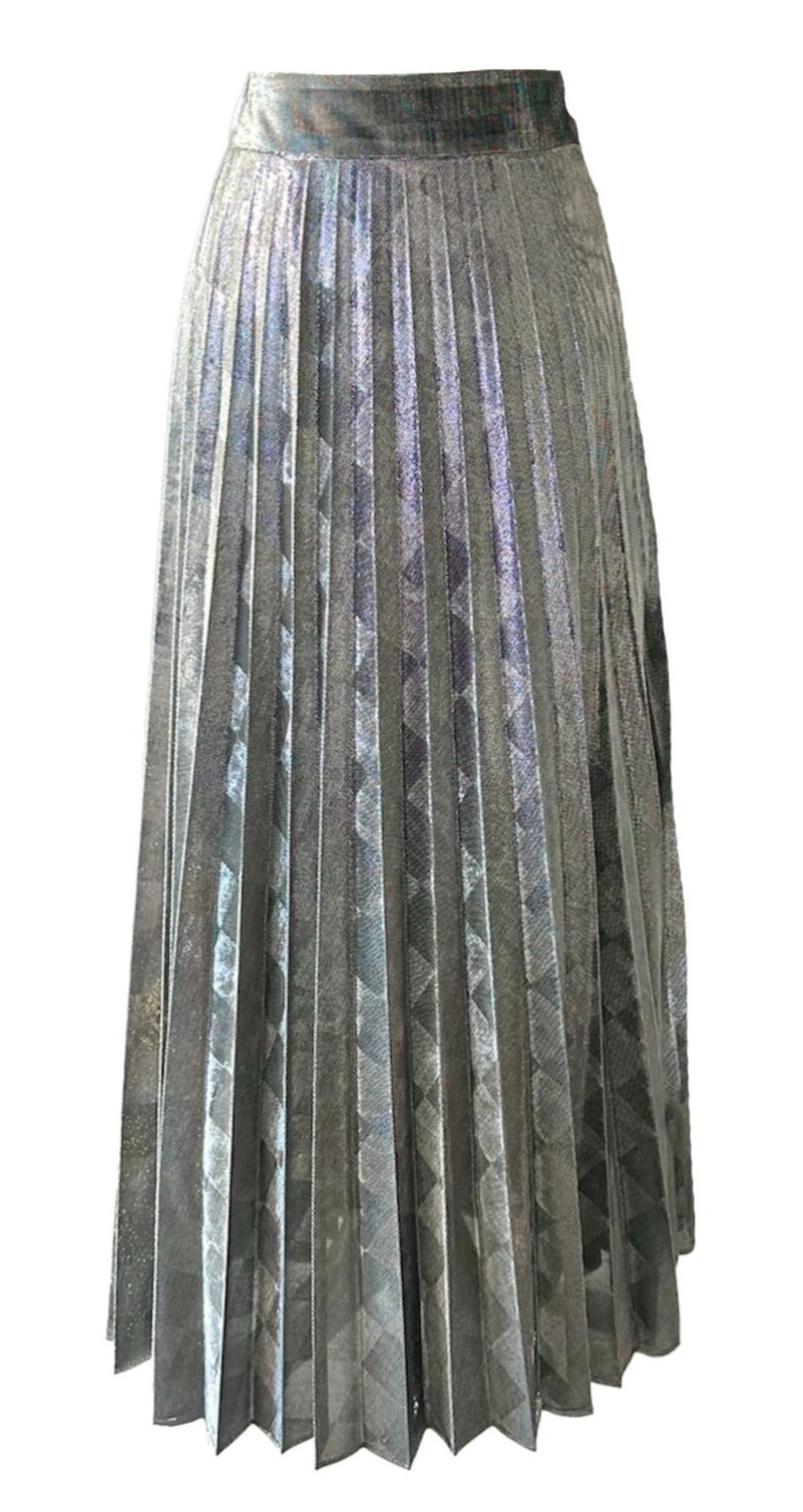 Silver Pleated Jacquard Midi Skirt