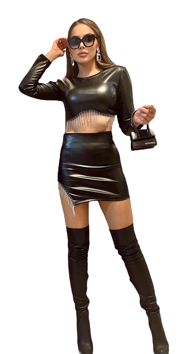 Black Leather Long Sleeve Crop Top and Mini Skirt Set with Crystal Fringes
