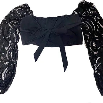 Black Self Tie Lace Long Sleeve Crop Top Blouse Shirt