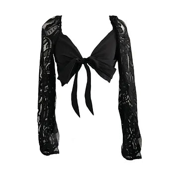 Black Self Tie Lace Long Sleeve Crop Top Blouse Shirt
