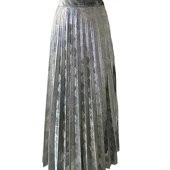 Silver Pleated Jacquard Midi Skirt