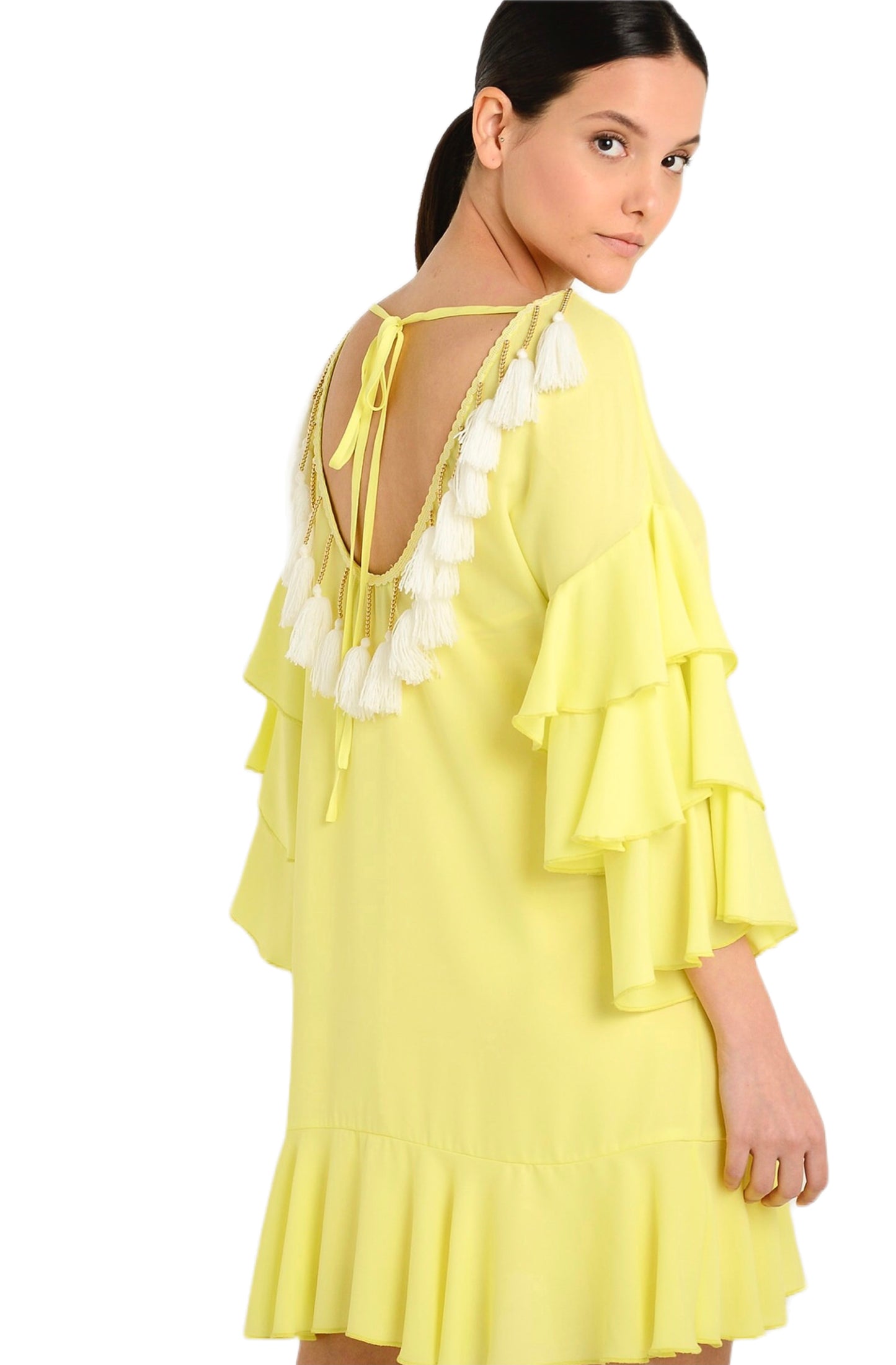 Neon Yellow Boho Long Sleeve Ruffle Dress with Tassel Back Dress