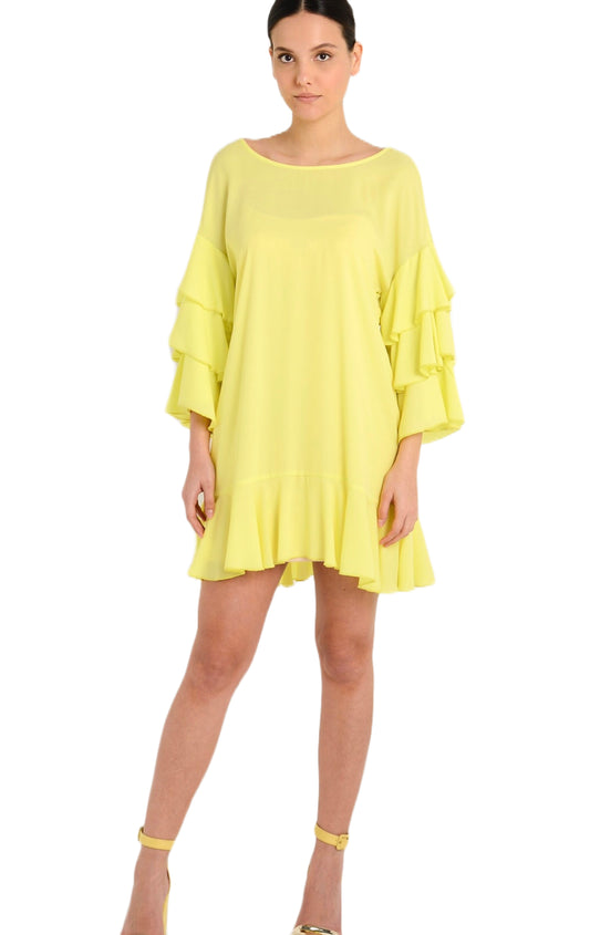 Neon Yellow Boho Long Sleeve Ruffle Dress with Tassel Back Dress