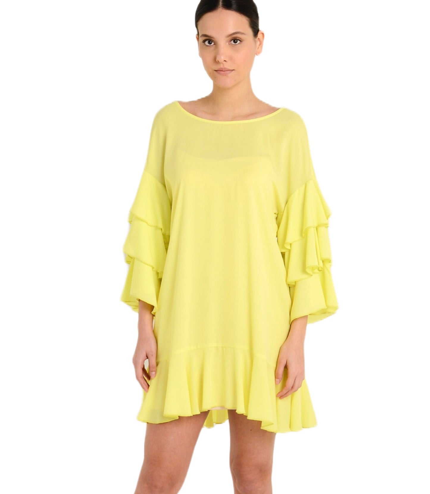 Neon Yellow Boho Long Sleeve Ruffle Dress with Tassel Back Dress