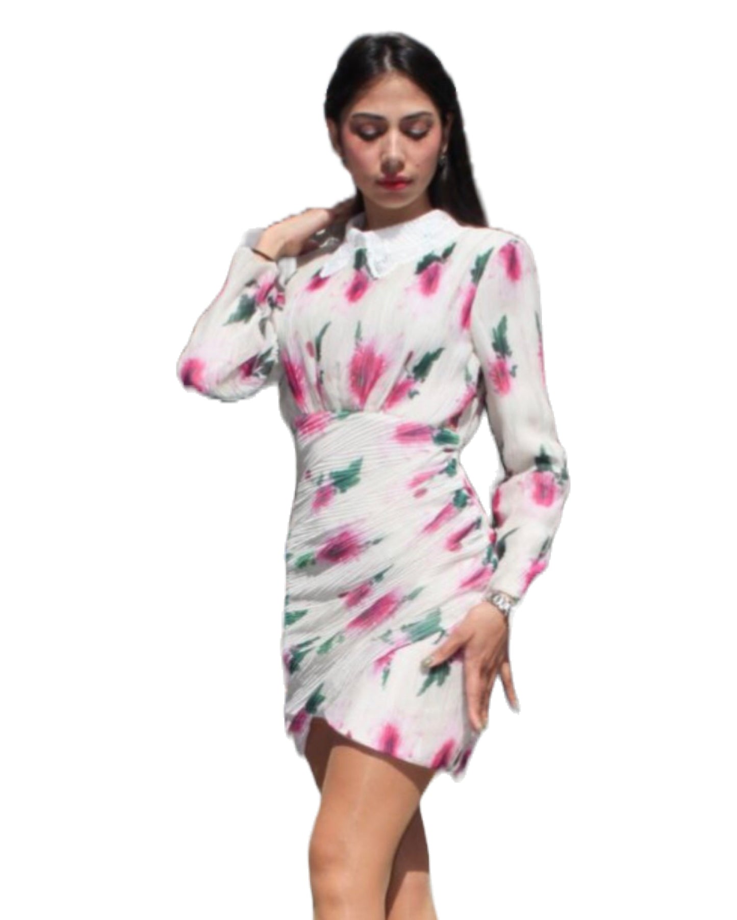 White Long Sleeve Floral Mini Dress