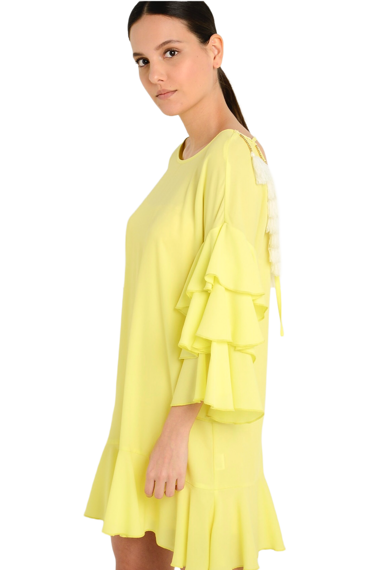 Neon Yellow Boho Long Sleeve Ruffle Dress with Tassel Back Dress