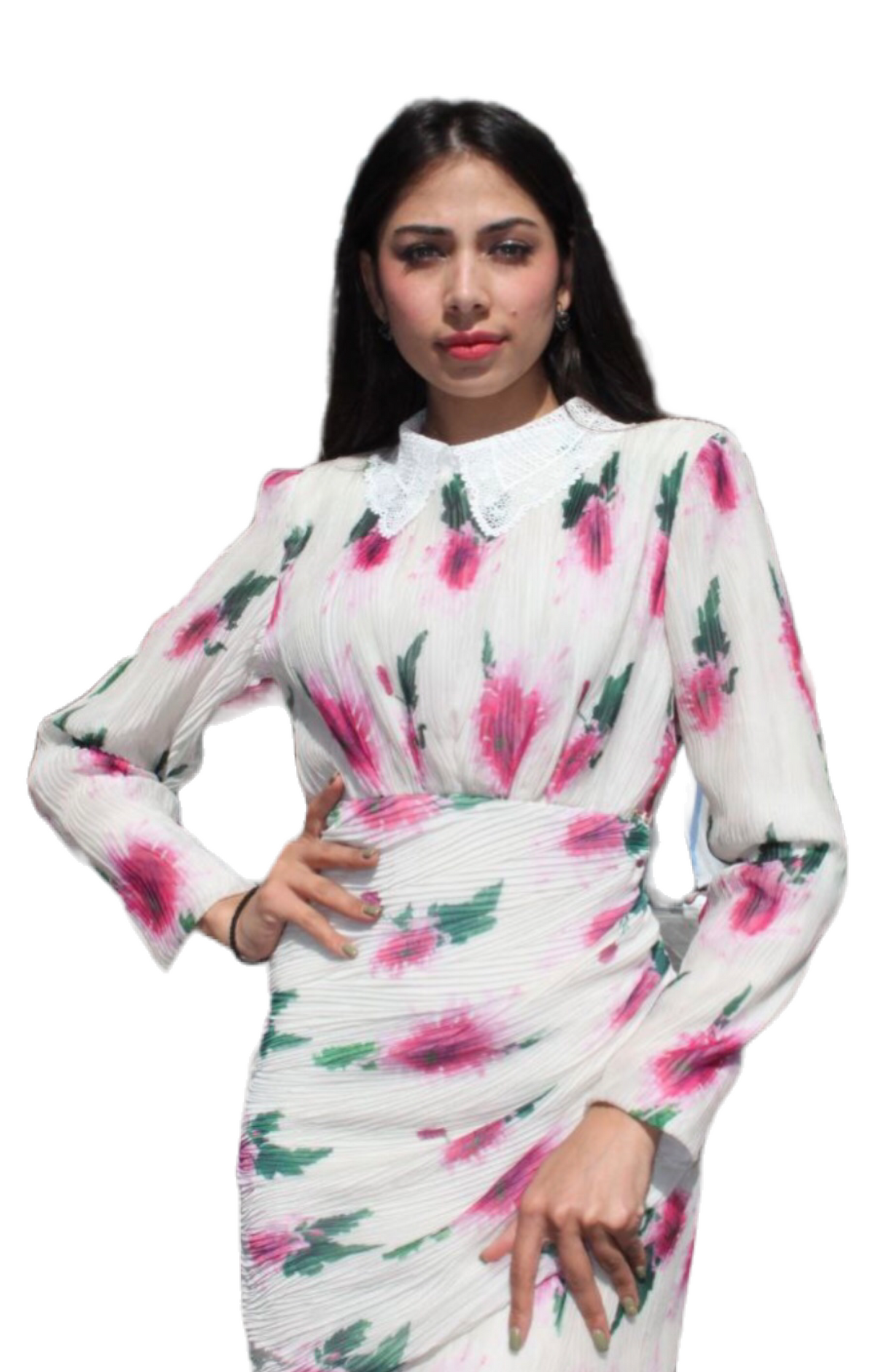 White Long Sleeve Floral Mini Dress