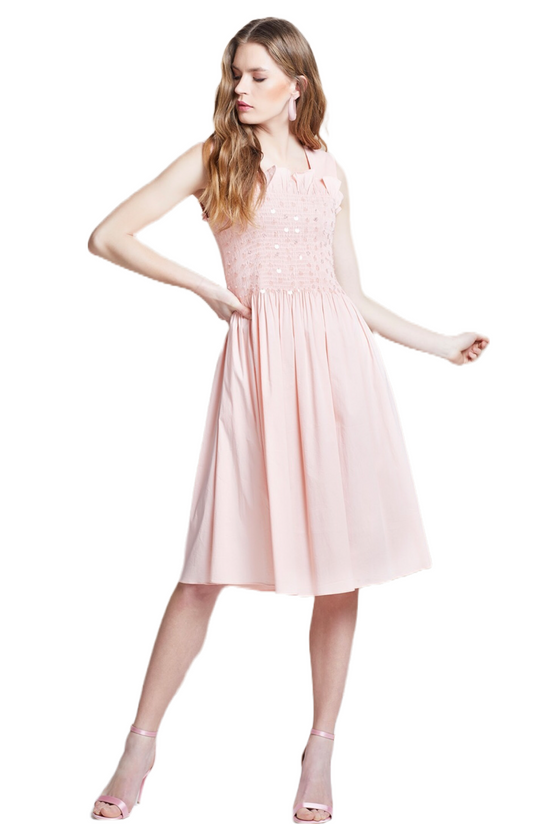 Pink Elastic Ruffled Ribbed Dress