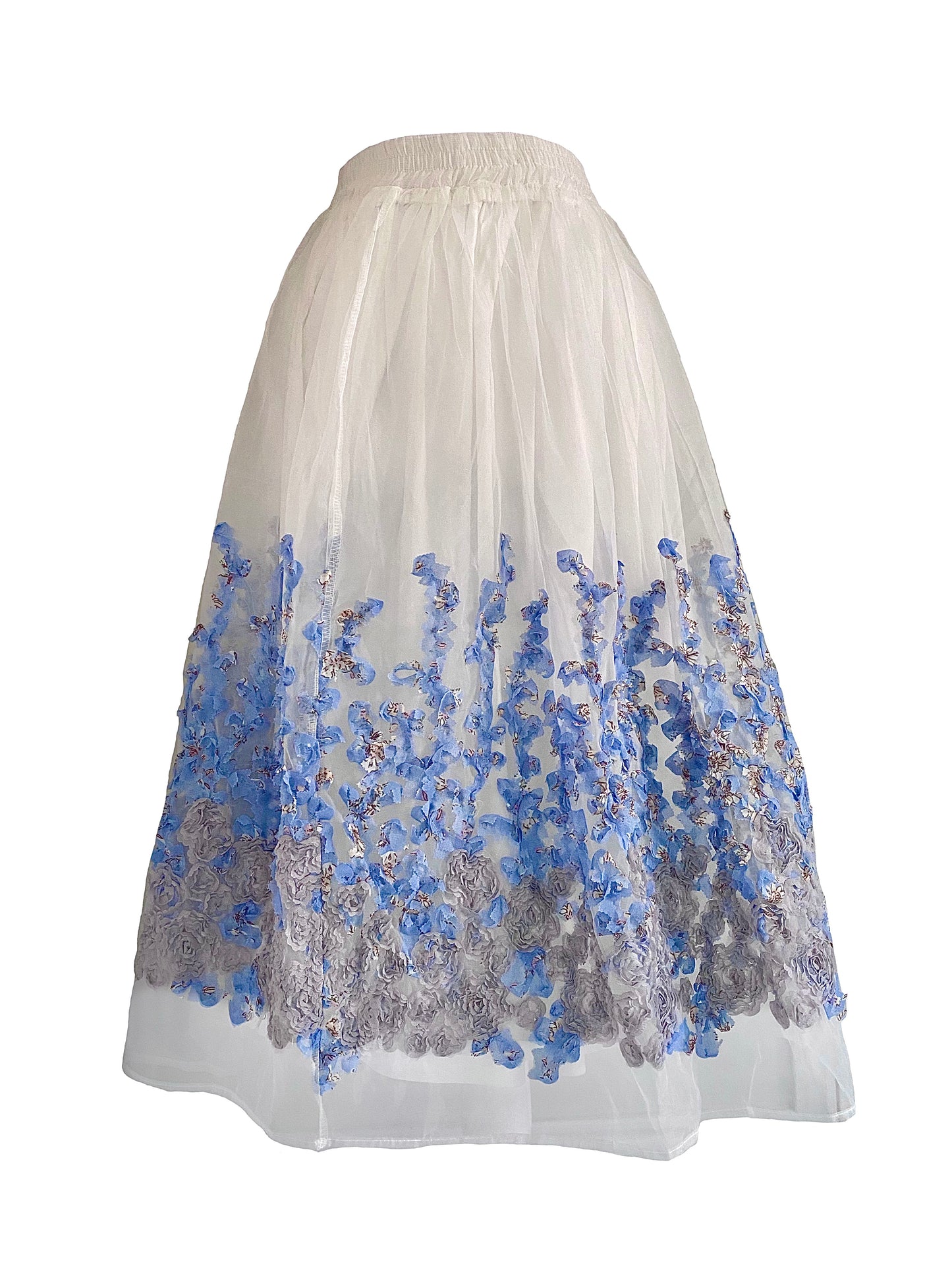 White and Blue Floral Embroidered Tulle Skirt