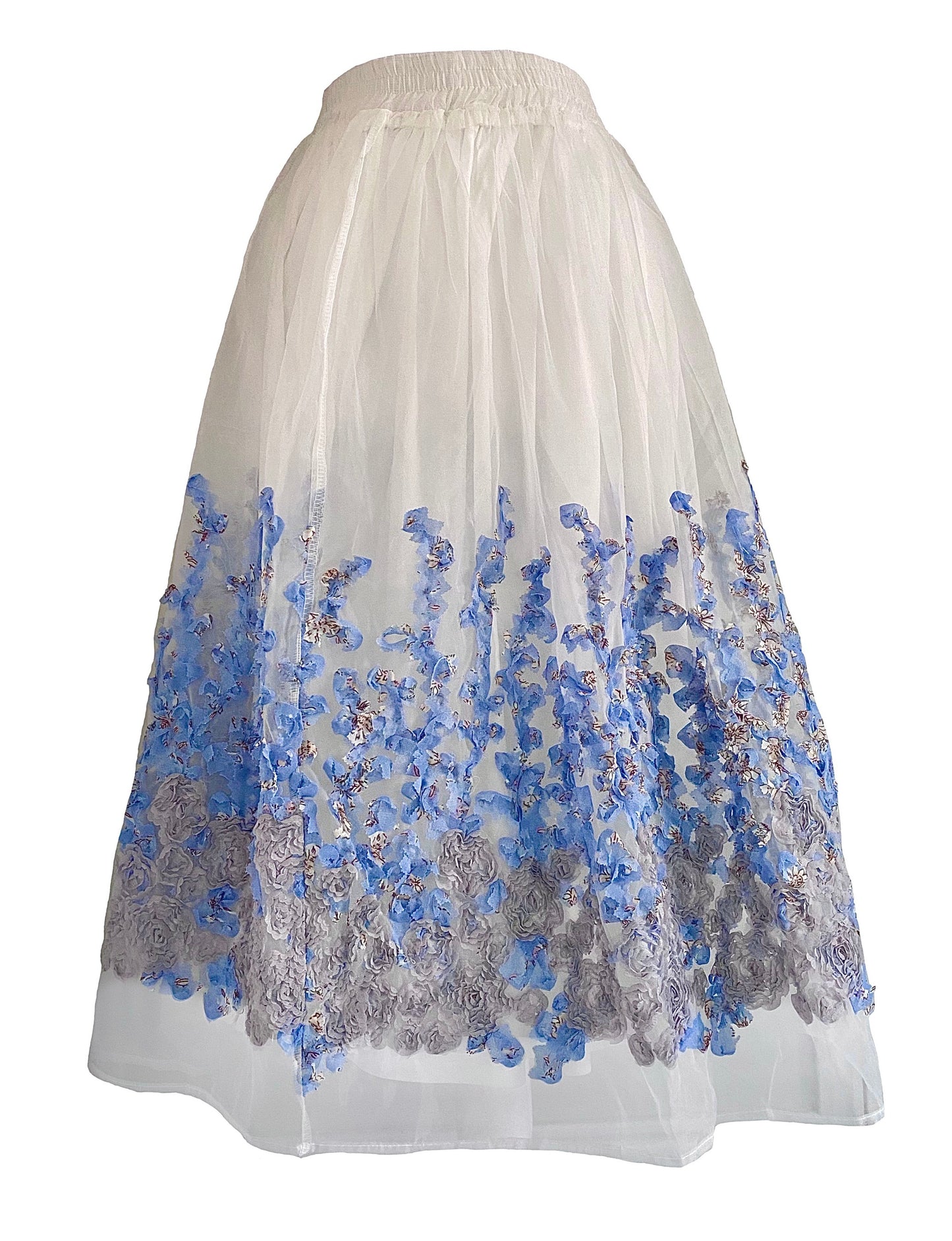 White and Blue Floral Embroidered Tulle Skirt