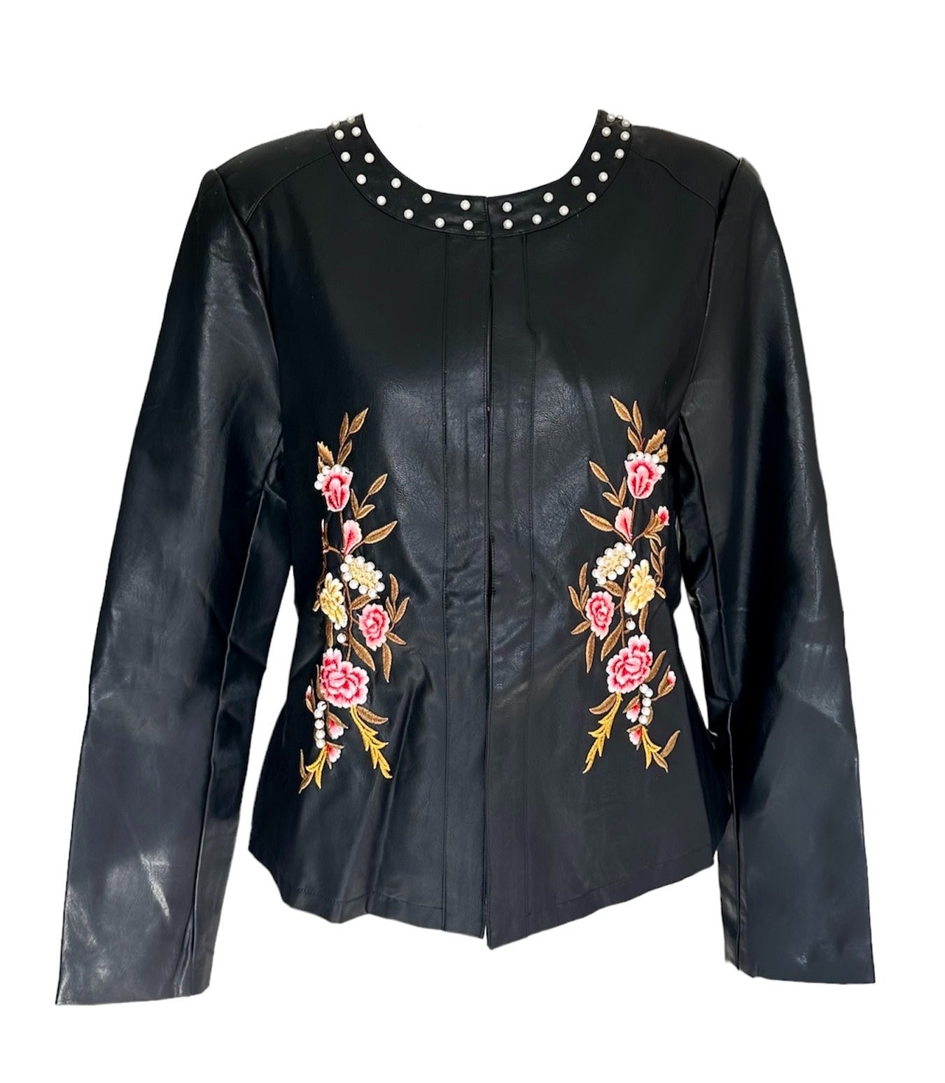 Black Leather Embroidered Jacket