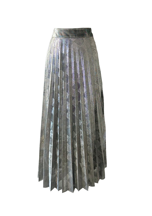 Silver Pleated Jacquard Midi Skirt