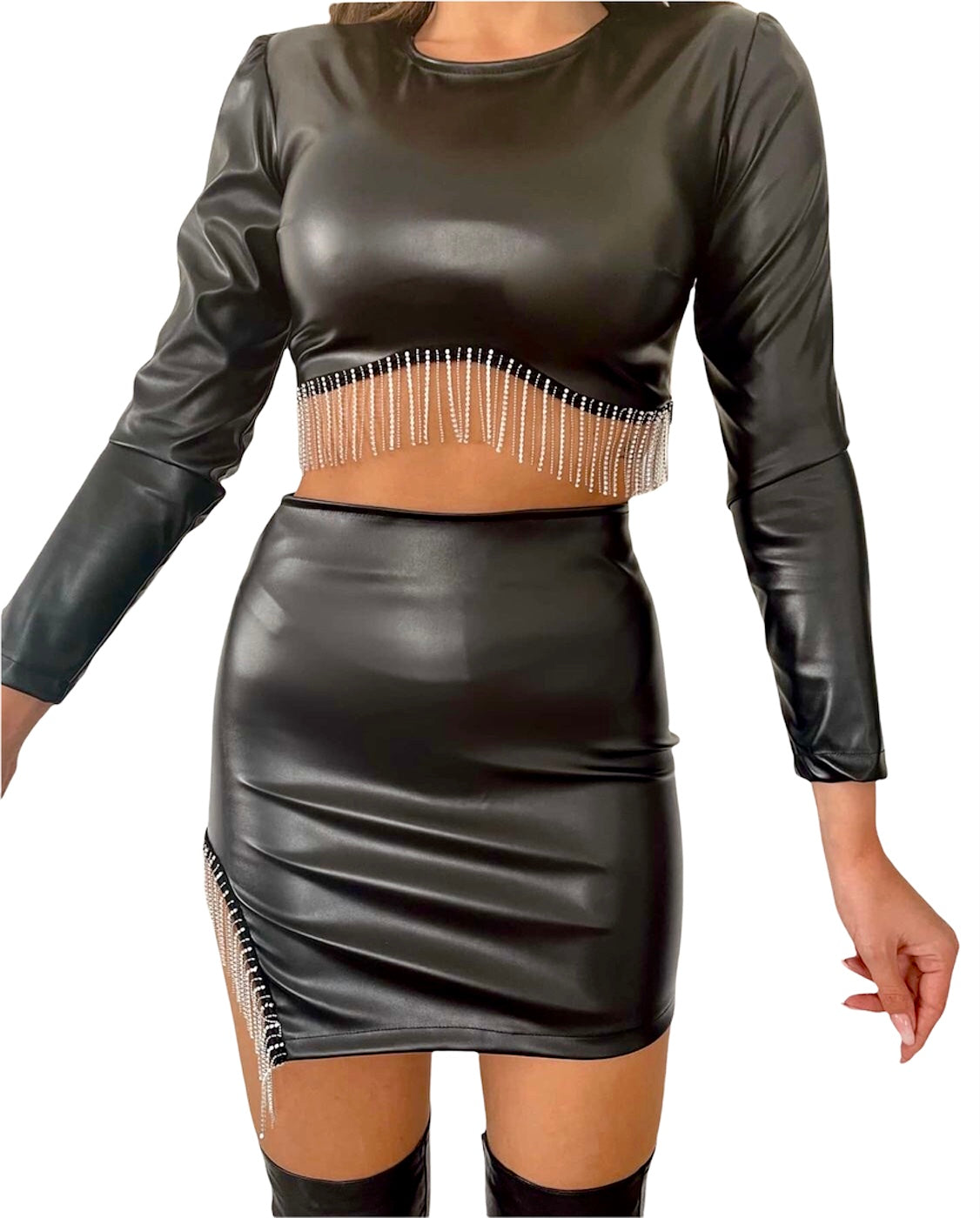 Black Leather Long Sleeve Crop Top and Mini Skirt Set with Crystal Fringes