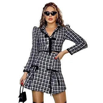 Black and White Long Sleeve Top and Mini Skirt Set 2 Piece Tweed Dress