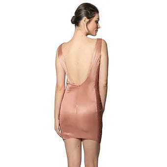 brown satin drape backless mini dress