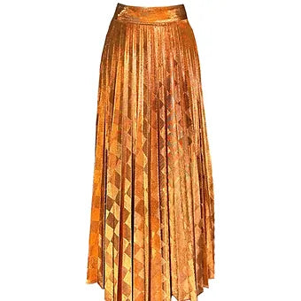 Gold Pleated Jacquard Midi Skirt