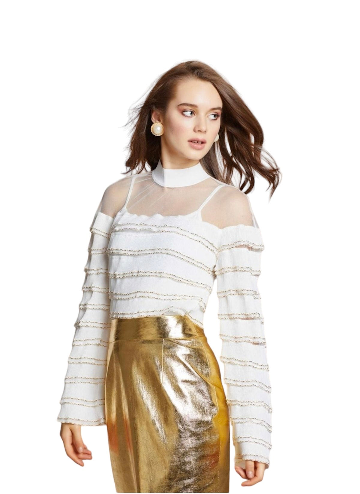 White Long Sleeve Shirt with Mesh Shoulder and Gold Stripes