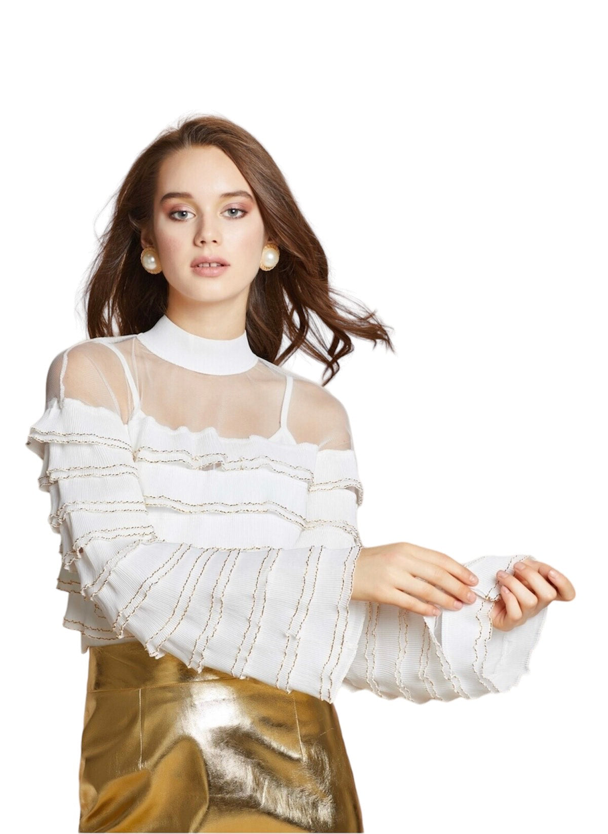 White Long Sleeve Shirt with Mesh Shoulder and Gold Stripes