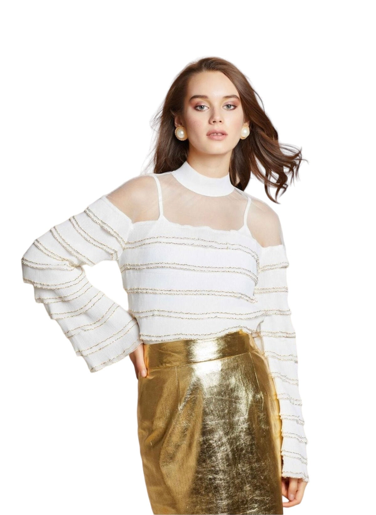 White Long Sleeve Shirt with Mesh Shoulder and Gold Stripes