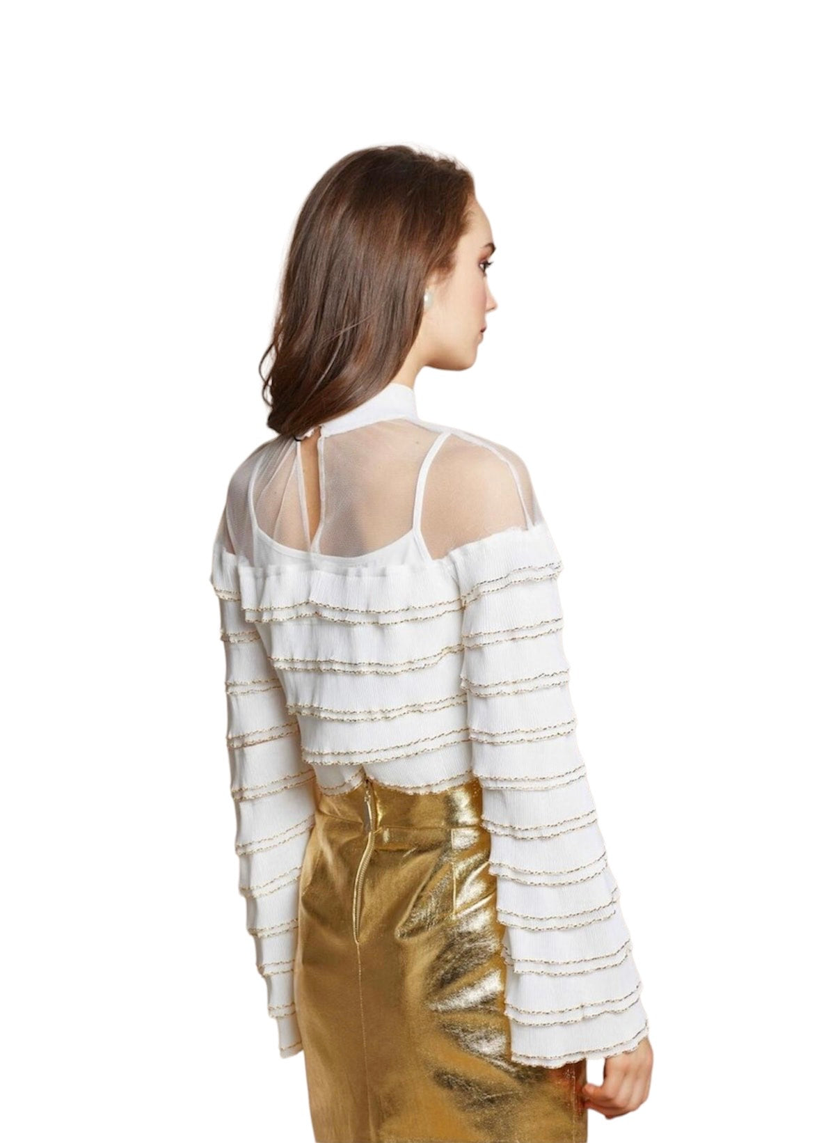 White Long Sleeve Shirt with Mesh Shoulder and Gold Stripes