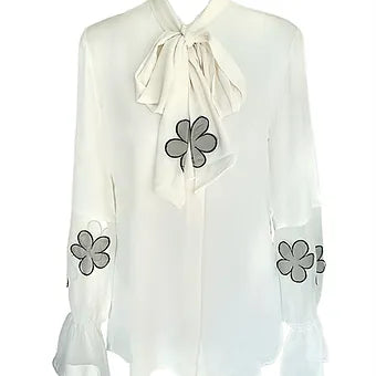 White Long Sleeve Shirt with  Flowers